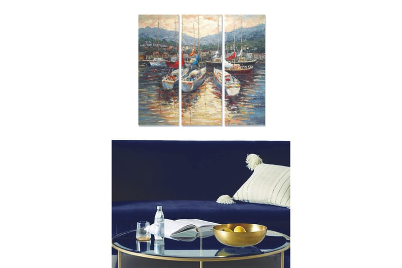 Trælærredstryk 3-delt 50x70 cm - Sejlbåde i en havn med refleksioner i vandet, Blå / Hvid / Rød