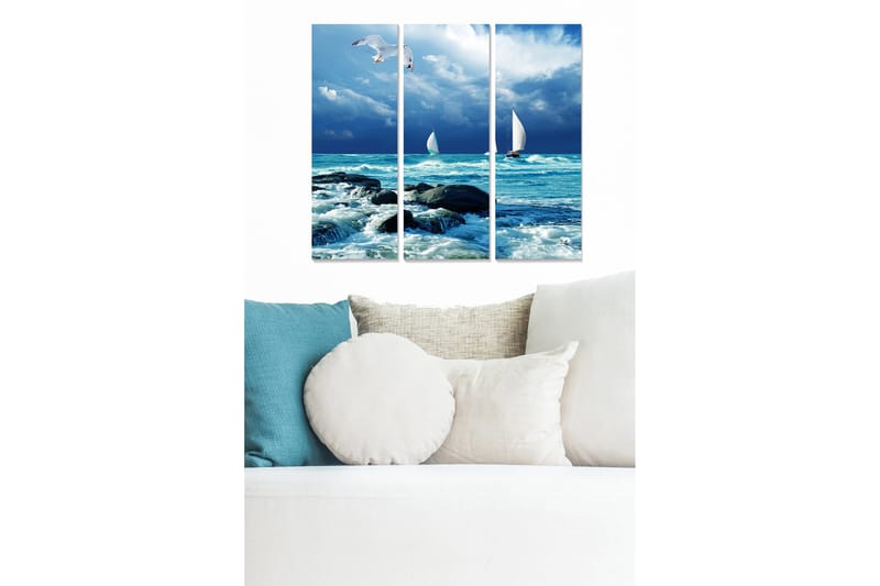 Trælærredstryk 3-delt 50x70 cm - Sejlbåde på et stormfuldt hav, Blå / Hvid / Grå