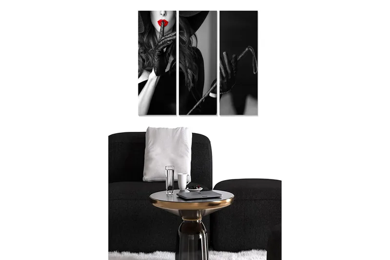 Trælærredstryk 3-delt 50x70 cm - Sensuel kvinde med rød læbestift og sorte handsker, Sort / Rød