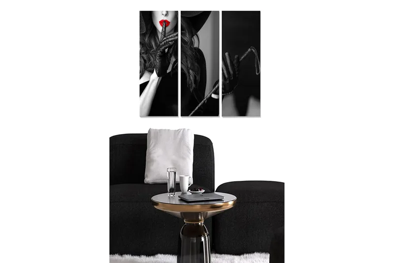 Trælærredstryk 3-delt 50x70 cm - Sensuel kvinde med rød læbestift og sorte handsker, Sort / Rød
