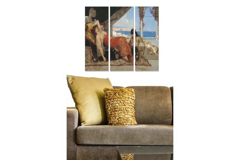 Trælærredstryk 3-delt 50x70 cm - Sensuel scene med kvinder i et afslappende miljø, Rød / Beige / Blå