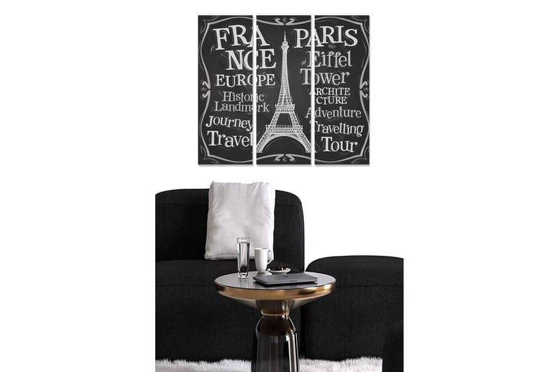 Trælærredstryk 3-delt 50x70 cm - Silhuet af Eiffeltårnet med tekst, der hylder Frankrig og rejser, Sort / Hvid