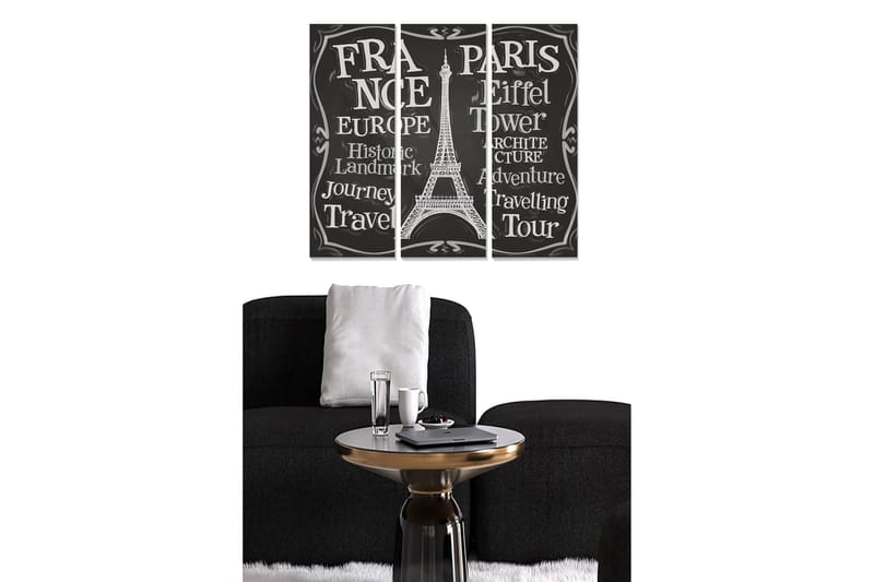 Trælærredstryk 3-delt 50x70 cm - Silhuet af Eiffeltårnet med tekst, der hylder Frankrig og rejser, Sort / Hvid