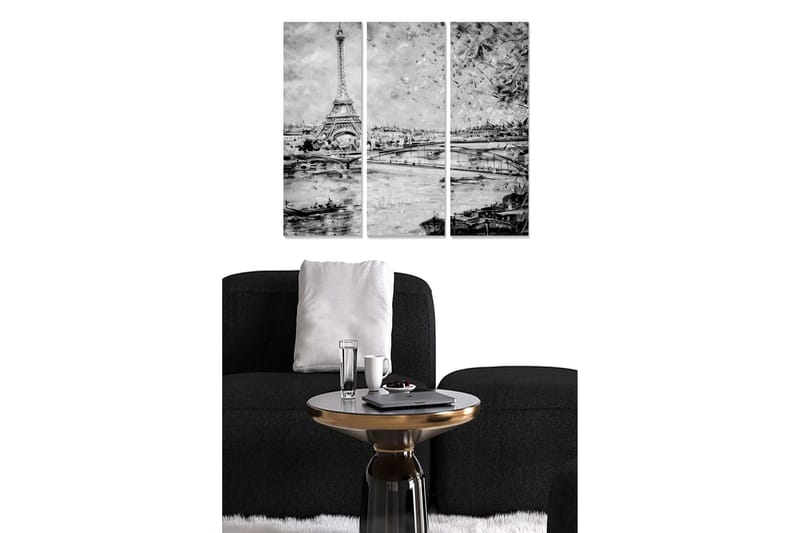 Trælærredstryk 3-delt 50x70 cm - Silhuet af Eiffeltårnet på Seinen i Paris, Sort / Hvid / Grå