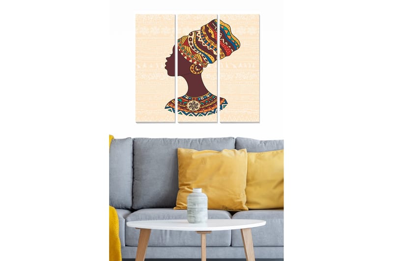 Trælærredstryk 3-delt 50x70 cm - Silhuet af en kvinde med farverig hovedbeklædning og traditionelle mønstre, Mørkebrun / Gul / Rød