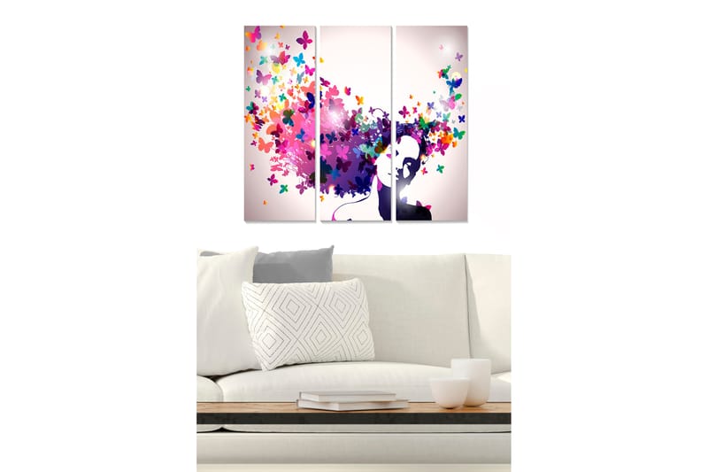 Trælærredstryk 3-delt 50x70 cm - Silhuet af en kvinde med farverige sommerfugle, der svæver omkring hende, Lilla / Lyserød / Grøn
