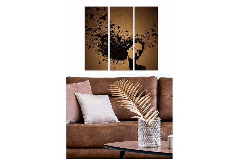 Trælærredstryk 3-delt 50x70 cm - Silhuet af en kvinde med fugle der svæver rundt i håret, Sort / Brun