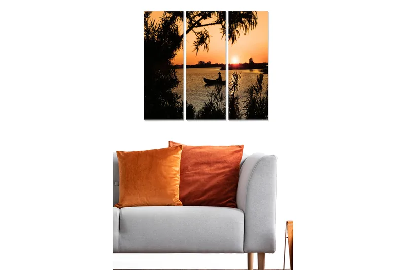 Trælærredstryk 3-delt 50x70 cm - Silhuet af en mand i en båd ved solnedgang - Orange / Sort - Boligtilbehør - Billeder & kunst - Billeder på lærred