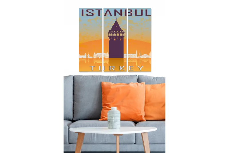 Trælærredstryk 3-delt 50x70 cm - Silhuet af Istanbul med Galatatårnet i fokus, Orange / Lilla / Blå