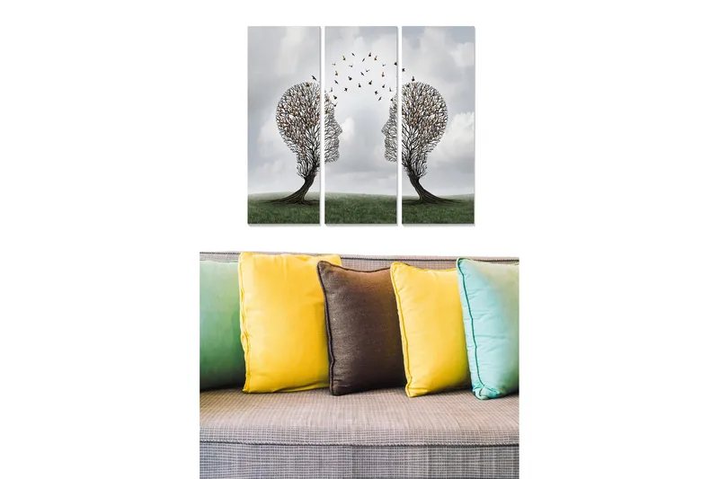 Trælærredstryk 3-delt 50x70 cm - Silhuetter af ansigter formet af træer med fugle, der flyver imellem dem, Grøn / Brun / Grå