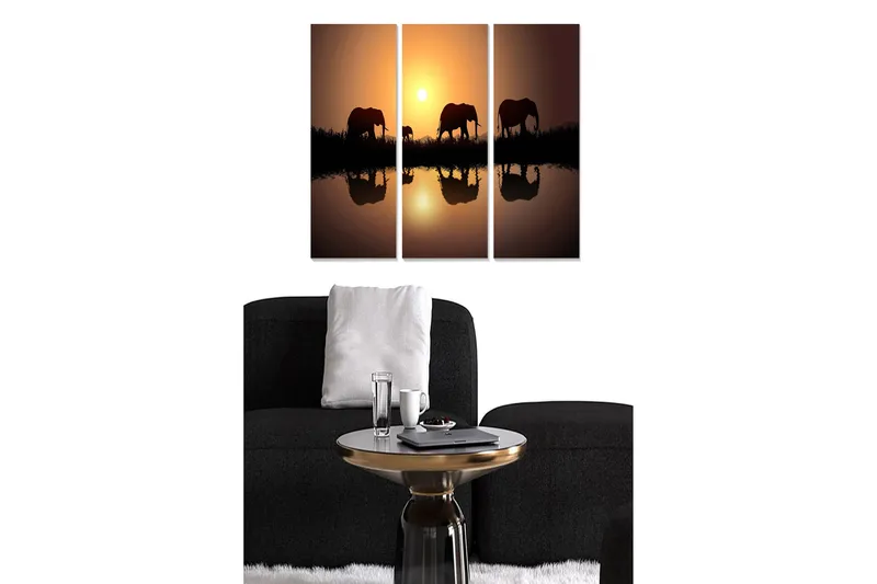 Trælærredstryk 3-delt 50x70 cm - Silhuetter af elefanter ved solnedgang, Mørkebrun / Orange / Sort