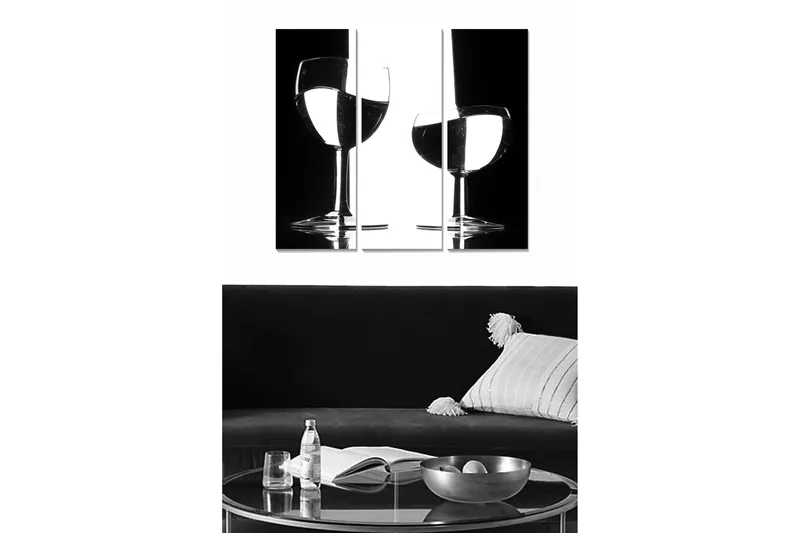 Trælærredstryk 3-delt 50x70 cm - Silhuetter af to vinglas i kontrasterende sort og hvid, Sort / Hvid