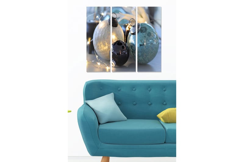 Trælærredstryk 3-delt 50x70 cm - Skinnende julekugler i forskellige farver, Blå / Sort / Sølv