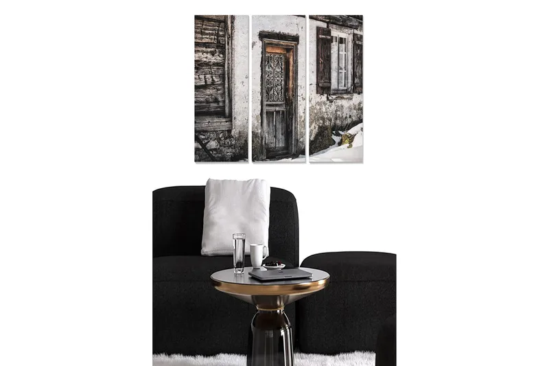 Trælærredstryk 3-delt 50x70 cm - Slidt dør med rustik charme, Grå / Brun / Hvid