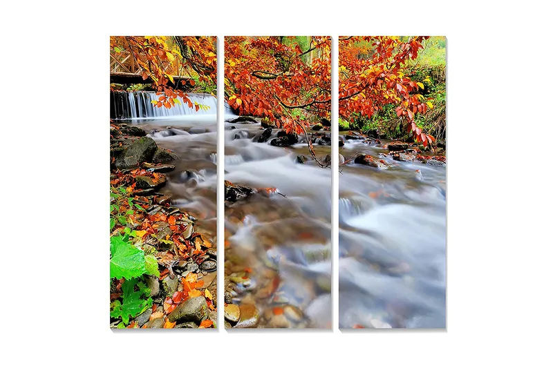 Trælærredstryk 3-delt 50x70 cm - Smuk bæk omgivet af efterårsfarver og løv, Orange / Grøn / Brun