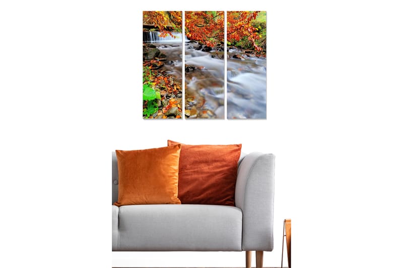 Trælærredstryk 3-delt 50x70 cm - Smuk bæk omgivet af efterårsfarver og løv - Orange / Grøn / Brun - Boligtilbehør - Billeder & kunst - Billeder på lærred