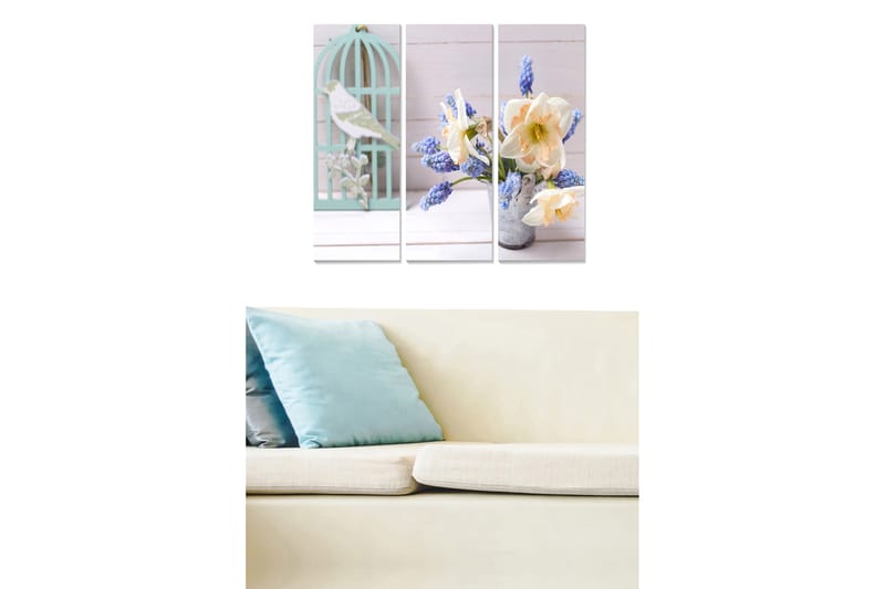 Trælærredstryk 3-delt 50x70 cm - Smuk blomsterbuket med en fugl i et bur, Lyseblå / Hvid / Gul