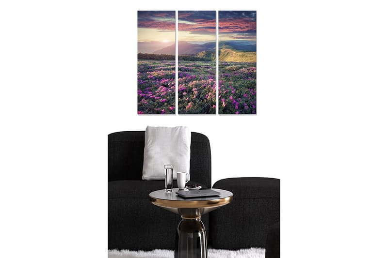 Trælærredstryk 3-delt 50x70 cm - Smuk blomstereng med farverige blomster og fjerne bjerge ved solnedgang - Lilla / Grøn / Orange - Boligtilbehør - Billeder & kunst - Billeder på lærred