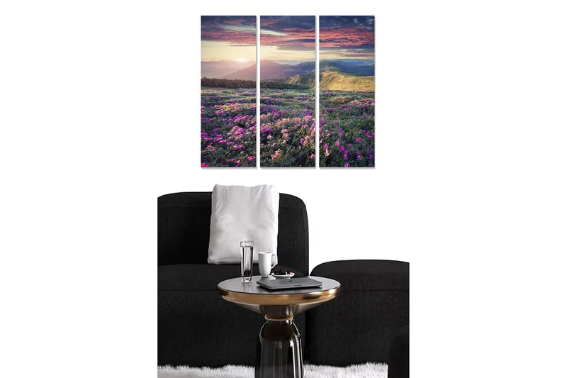 Trælærredstryk 3-delt 50x70 cm - Smuk blomstereng med farverige blomster og fjerne bjerge ved solnedgang, Lilla / Grøn / Orange