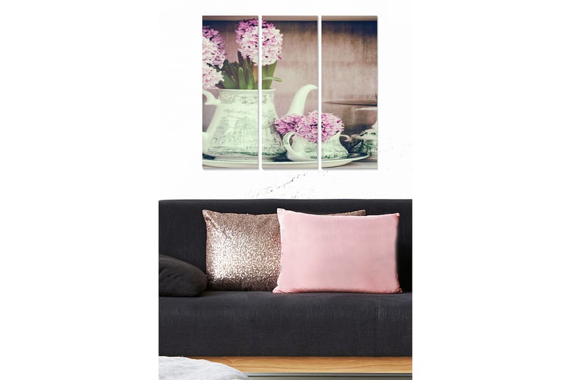 Trælærredstryk 3-delt 50x70 cm - Smuk buket hyacinter i en dekorativ kande, Lilla / Grøn / Hvid