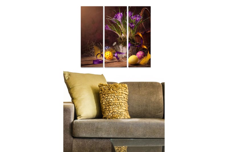 Trælærredstryk 3-delt 50x70 cm - Smuk buket krokus med påskeæg og dekorationer, Lilla / Gul / Orange