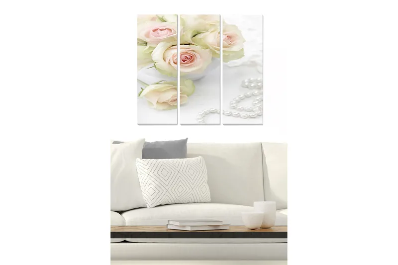 Trælærredstryk 3-delt 50x70 cm - Smuk buket lyserøde roser i en hvid skål - Lyserød / Hvid / Grøn - Boligtilbehør - Billeder & kunst - Billeder på lærred