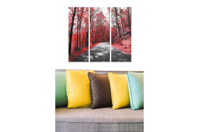Trælærredstryk 3-delt 50x70 cm - Smuk efterårsskov med røde blade og en sti, der fører gennem træerne, Rød / Sort / Grå