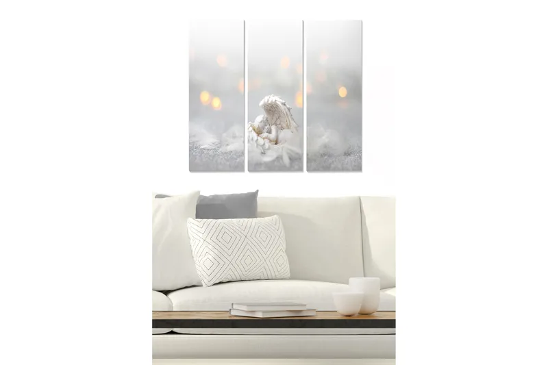 Trælærredstryk 3-delt 50x70 cm - Smuk engel, der holder et barn i et drømmende miljø, Hvid / Grå / Guld