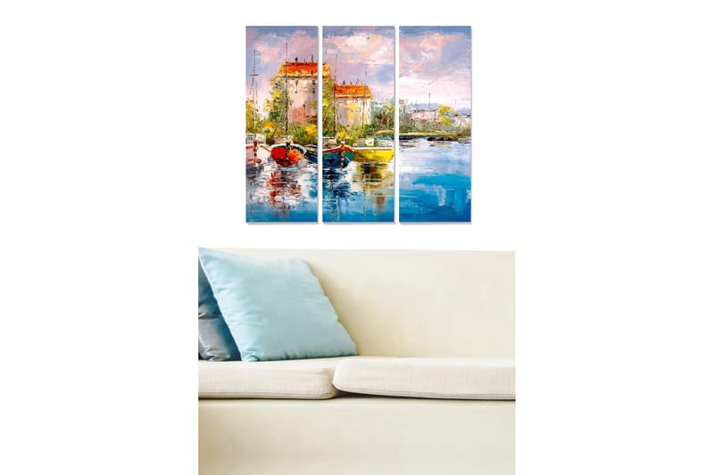 Trælærredstryk 3-delt 50x70 cm - Smuk havn med farverige både og maleriske bygninger ved vandet, Blå / Rød / Gul