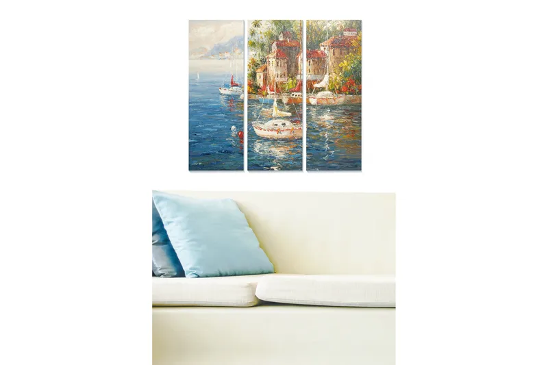 Trælærredstryk 3-delt 50x70 cm - Smuk havn med sejlbåde og farverige bygninger ved vandet, Blå / Grøn / Rød