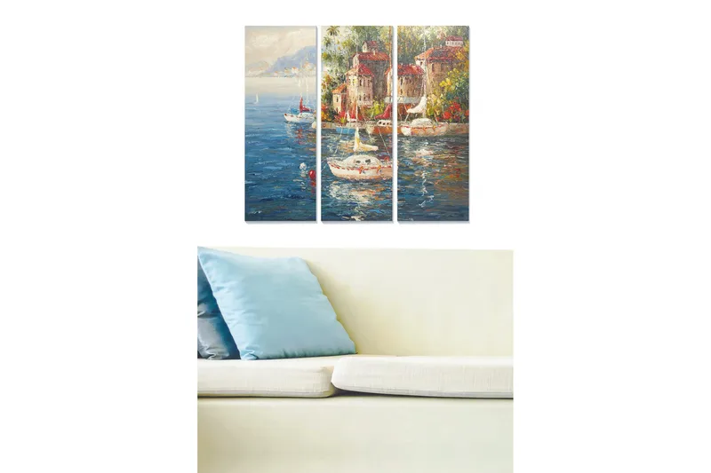 Trælærredstryk 3-delt 50x70 cm - Smuk havn med sejlbåde og farverige bygninger ved vandet, Blå / Grøn / Rød
