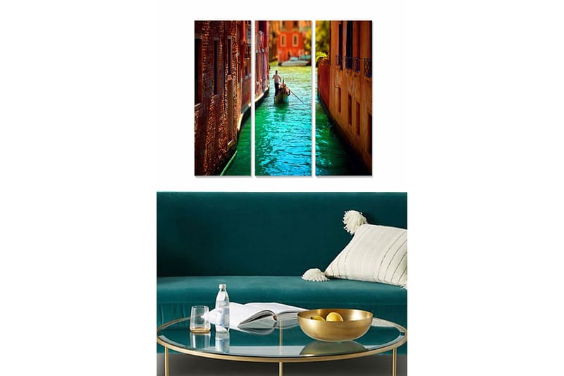 Trælærredstryk 3-delt 50x70 cm - Smuk kanal med gondol i italiensk bymiljø, Turkis / Orange / Brun