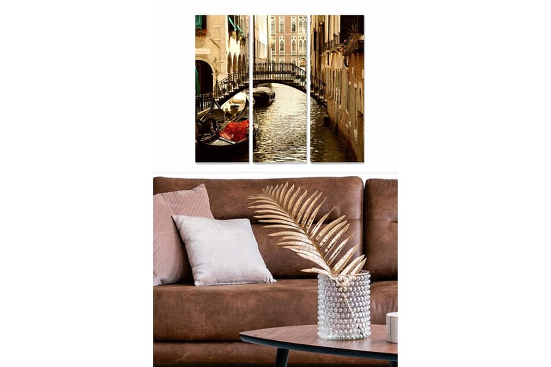 Trælærredstryk 3-delt 50x70 cm - Smuk kanal med gondol og bro i venetianske omgivelser, Brun / Guld / Grøn