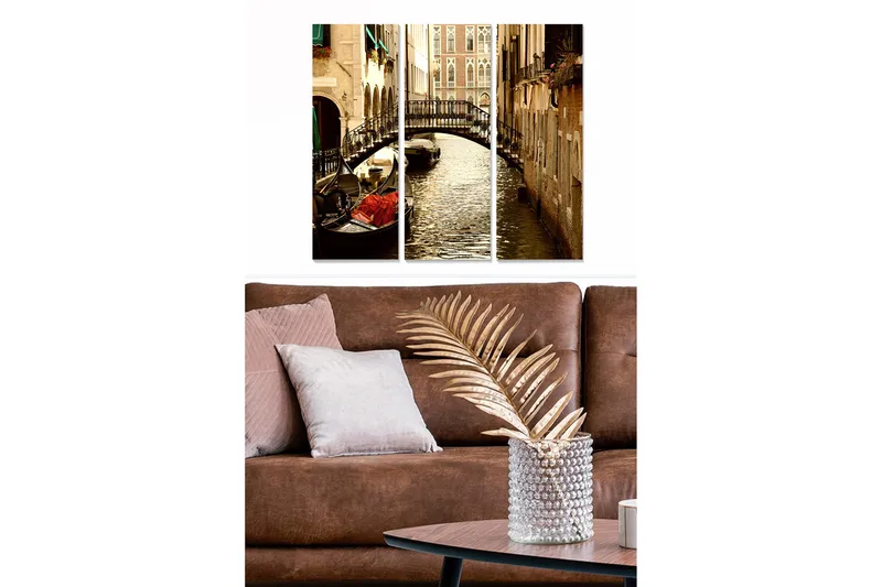 Trælærredstryk 3-delt 50x70 cm - Smuk kanal med gondol og bro i venetianske omgivelser, Brun / Guld / Grøn