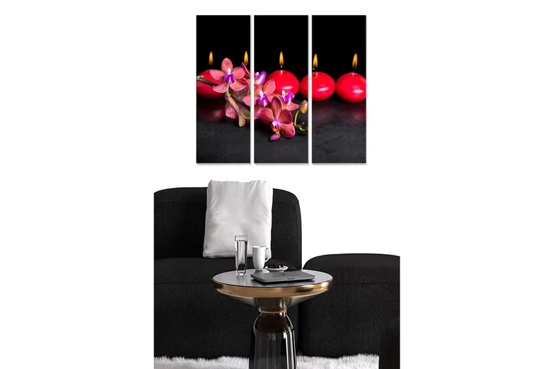 Trælærredstryk 3-delt 50x70 cm - Smuk komposition af lyserøde orkideer og røde lys, Lyserød / Rød / Sort