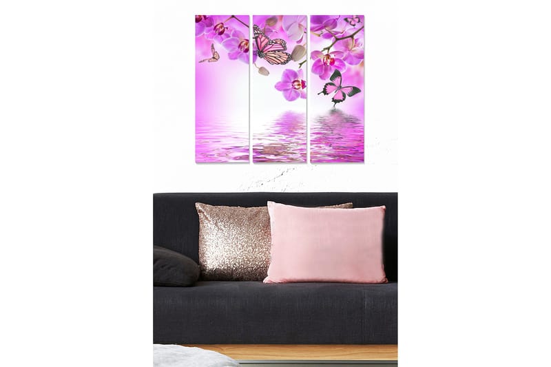 Trælærredstryk 3-delt 50x70 cm - Smuk komposition af sommerfugle og orkideer i lyserøde nuancer, Lyserød / Lilla / Hvid