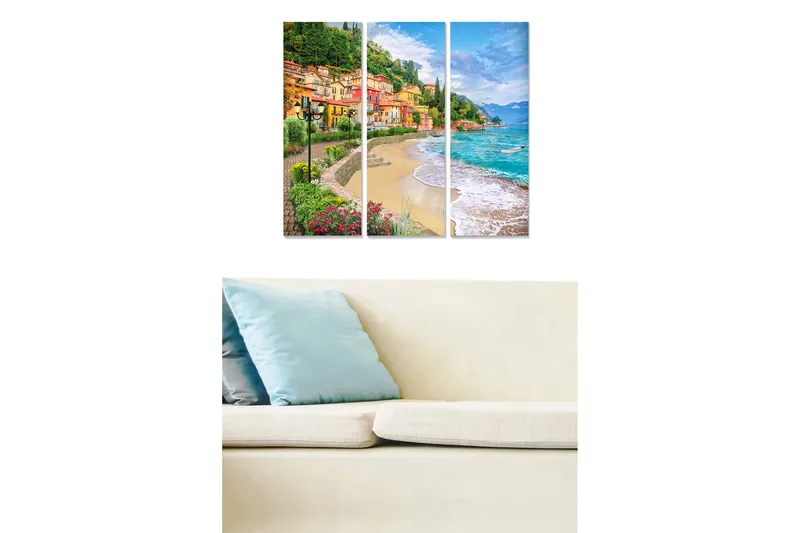 Trælærredstryk 3-delt 50x70 cm - Smuk kystlinje med farverige huse og strand, Grøn / Blå / Orange