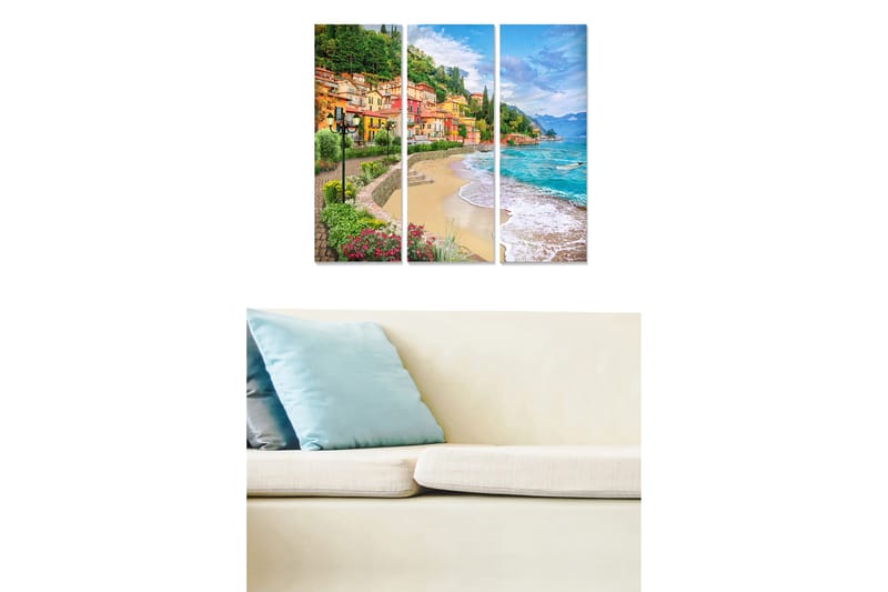 Trælærredstryk 3-delt 50x70 cm - Smuk kystlinje med farverige huse og strand, Grøn / Blå / Orange