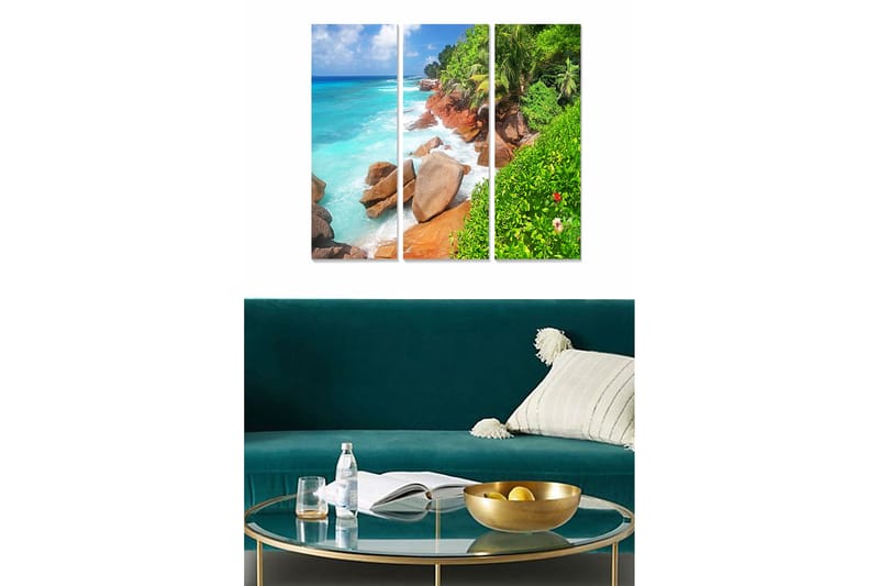 Trælærredstryk 3-delt 50x70 cm - Smuk kystlinje med klipper og turkisblåt hav, Turkis / Grøn / Brun
