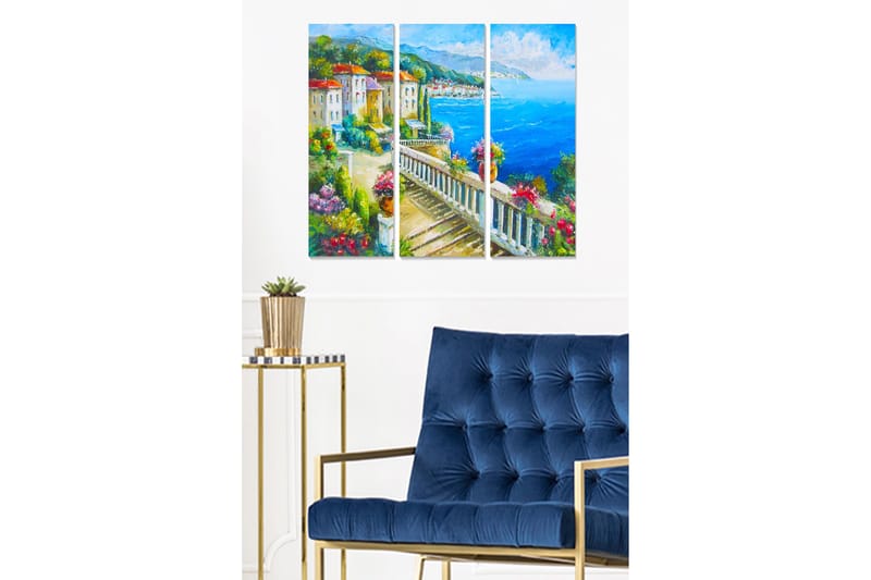 Trælærredstryk 3-delt 50x70 cm - Smuk kystudsigt med farverige huse og blomsterarrangementer, Blå / Grøn / Rød