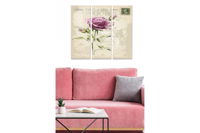 Trælærredstryk 3-delt 50x70 cm - Smuk rose med vintage postkort-tema, Lilla / Grøn / Beige