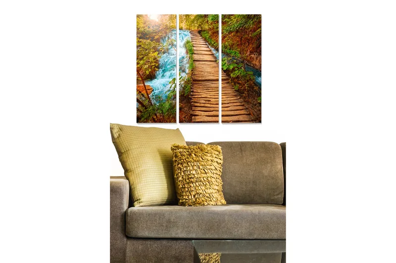 Trælærredstryk 3-delt 50x70 cm - Smuk skovsti med rindende vand og efterårsfarver, Grøn / Brun / Blå