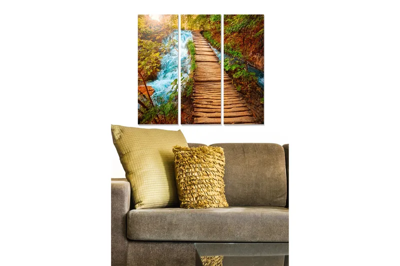 Trælærredstryk 3-delt 50x70 cm - Smuk skovsti med rindende vand og efterårsfarver, Grøn / Brun / Blå