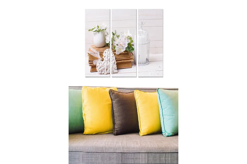 Trælærredstryk 3-delt 50x70 cm - Smuk stilhed med blomster i en vase og bøger i en harmonisk komposition, Hvid / Beige / Grøn