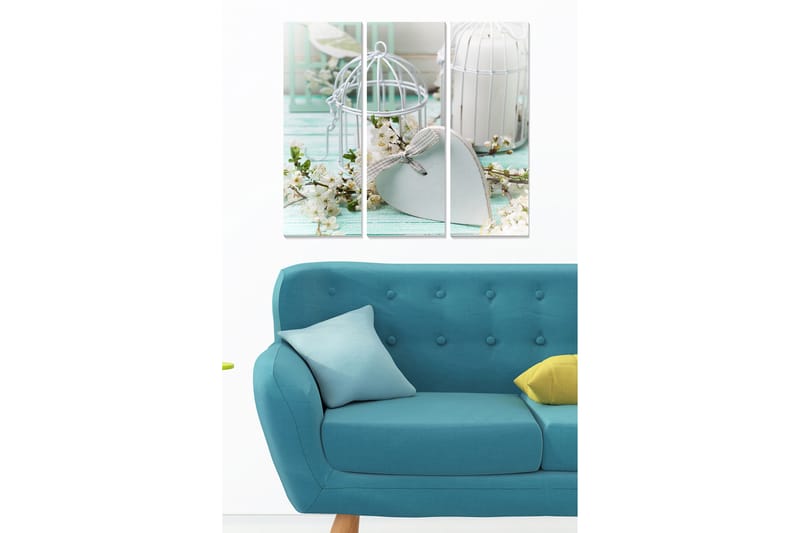 Trælærredstryk 3-delt 50x70 cm - Smuk stilhed med fuglebure og blomster i en romantisk komposition, Lyseblå / Hvid / Grøn