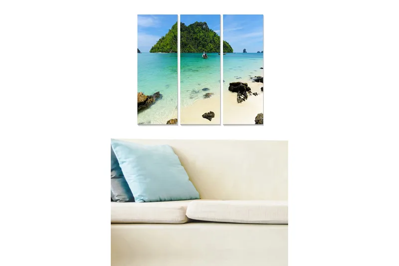 Trælærredstryk 3-delt 50x70 cm - Smuk strand med klart turkisblåt vand og frodige øer i baggrunden, Turkis / Grøn / Beige