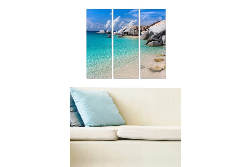 Trælærredstryk 3-delt 50x70 cm - Smuk strand med klart turkisblåt vand og klippeformationer, Turkis / Blå / Beige