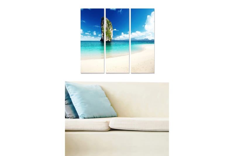 Trælærredstryk 3-delt 50x70 cm - Smuk strand med klippeformation og klar blå himmel, Blå / Turkis / Hvid