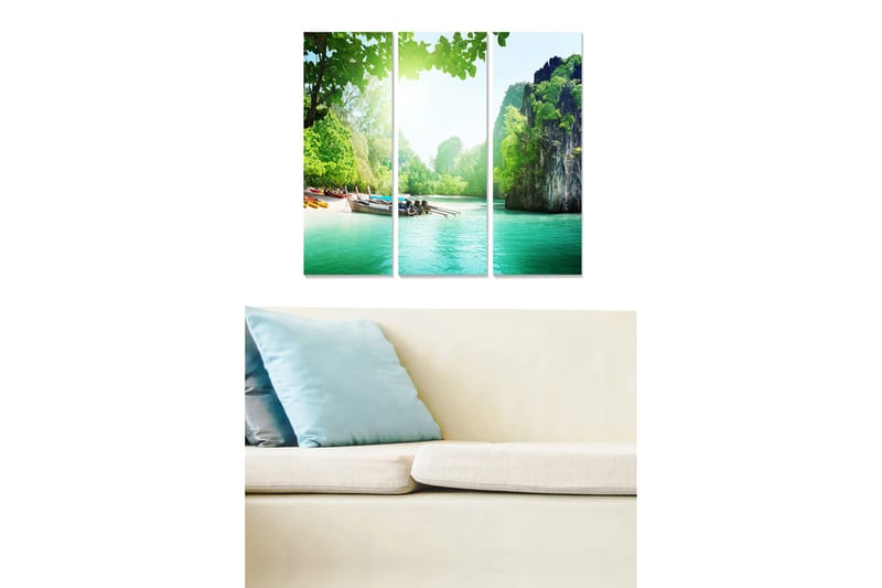 Trælærredstryk 3-delt 50x70 cm - Smuk strand med klipper og frodige omgivelser, Grøn / Turkis / Blå