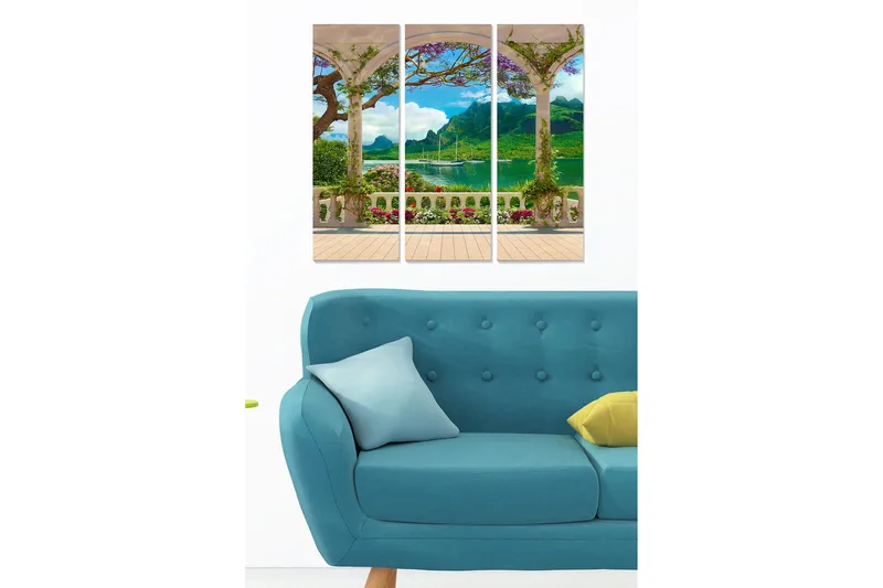 Trælærredstryk 3-delt 50x70 cm - Smuk udsigt fra en pergola med blomster og bjerge i baggrunden, Grøn / Blå / Hvid